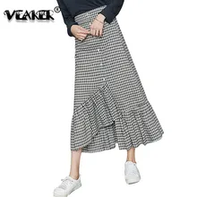 Harajuku Зимняя юбка женская клетчатая шотландская длинная юбка гофрированная Женская весенне-осенняя юбка с высокой талией Хлопковая женская тонкая юбка