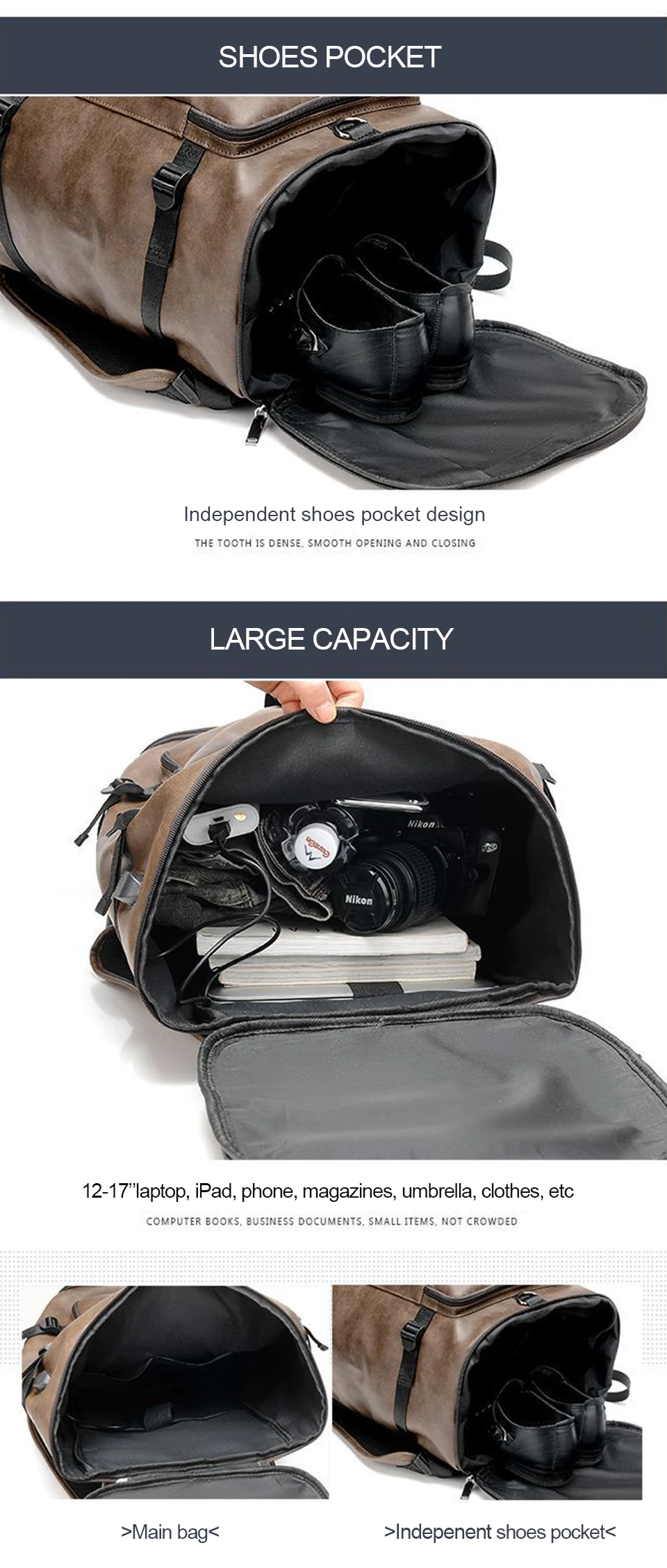 Fashion Backpacks Anti Theft Backpack PU Leather Laptop 17 Inch 15.6 Back Packs Casual Men Women Bags USB Charging Style Bagpack (5)