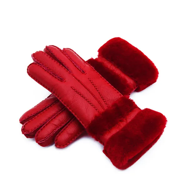 Высококачественные теплые меховые перчатки из натуральной кожи для мужчин и женщин, модные теплые зимние перчатки из овчины, толстые перчатки на пять пальцев G5 - Цвет: Red