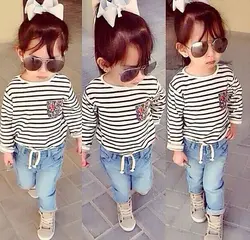 ST1650 осень модная одежда для девочек комплекты Детские комплекты одежды детские хлопковые в полоску рубашка с длинным рукавом + джинсы