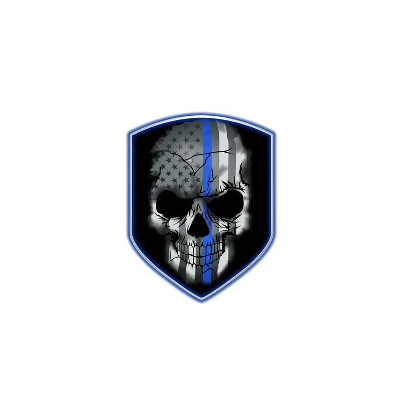 YJZT 10.2CM*13CM Personality Reflective Decal Blue Line Skull Shield Decal Skull Car Sticker PVC 6-0403