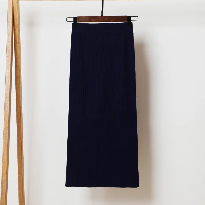 Queechalle, весна-осень, однотонная тонкая трикотажная юбка для женщин, сексуальная, с разрезом, эластичная, завышенная талия, Облегающие юбки, женские, серые, темно-синие - Цвет: navy