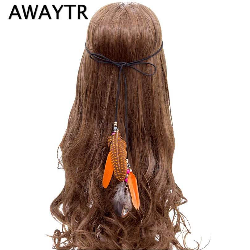 AWAYTR,, Женская Праздничная повязка в стиле бохо с перьями, хиппи, перьевая лента для волос с кисточкой, аксессуары для волос для девочек