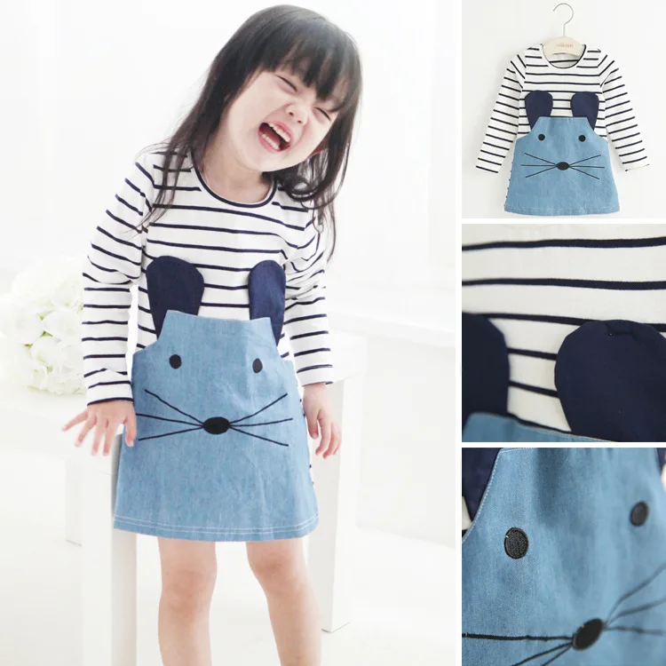 

Striped Patchwork Character Girl Dresses Long Sleeve Cute Mouse Children Clothing Kids Girls Dress Denim Kids Clothes