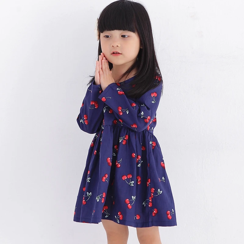 Autumn Arrival Kids Girls Cherry Pattern Long Sleeves Crew Neck Dress