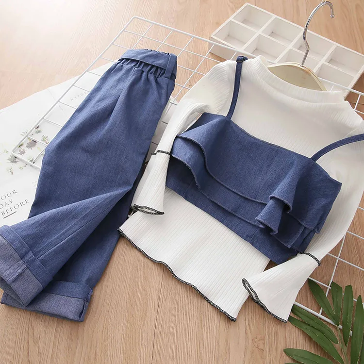 

Hot Selling Newest Baby Suit Spring 2019 Girl-child Halter Shirt Long Trousers Kids Clothes Teenage Girls Ruffle Outfits