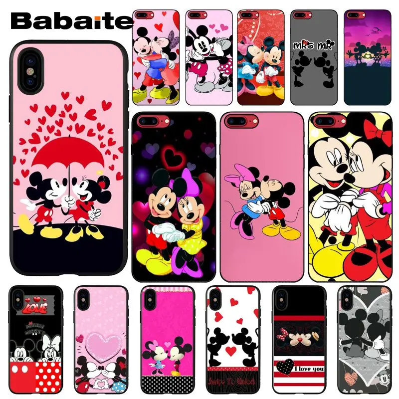 

Babaite Lovely Cartoon Mickey ang Minnie Kiss Newly Arrived Black Cell Phone Case for iPhone 5 5Sx 6 7 7plus 8 8Plus X XS MAX XR