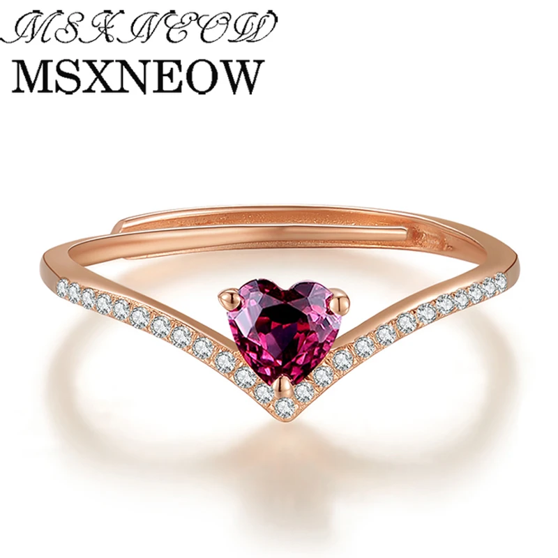 

MSXNEOW Love Heart Red Garnet Adjustable Ring 925 Sterling Silver 100% Natural Gemstone Fine Jewelry For Women LMRI003