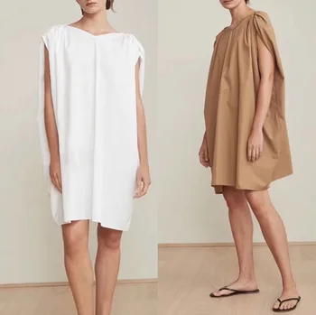 

2019 new arrival collarless shirt women's head pleated sleeves cotton dress spring and summer holiday style