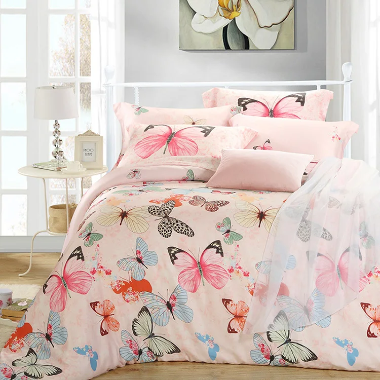 Luxury butterfly queen king size bedding sets pink quilt duvet cover sheets bed bedset bedspreads bedsheets