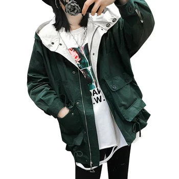 

Oversize 2019 Spring Short Jacket New Coat Solid Hooded Pocket Zipper Loose Casual Fashion Windbreaker Jacket Female Outwear
