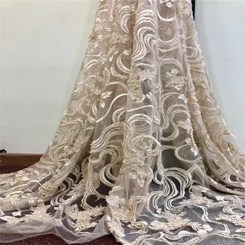 

5 yards Beautiful French 3D flowers lace fabric with beads in fashion 2018 modish lace fabric for dress A738-2