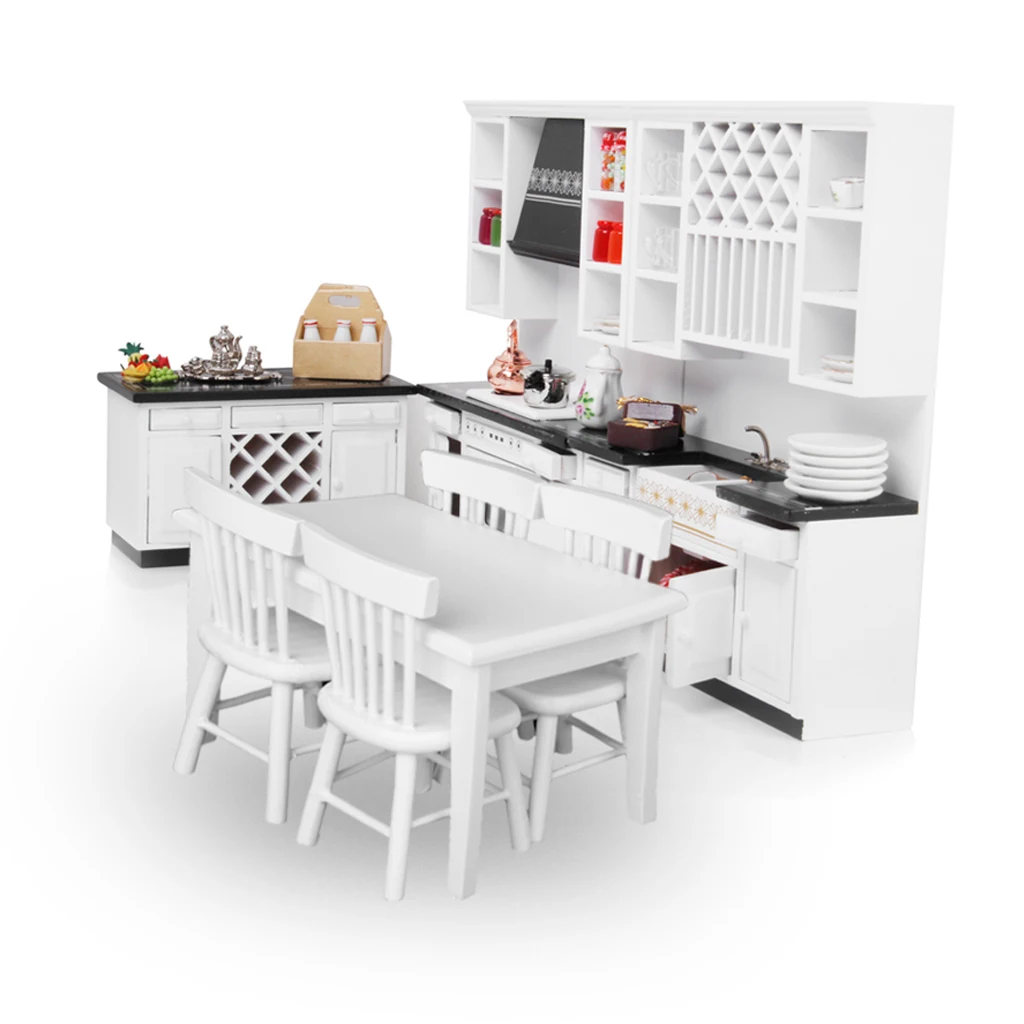 3 Sets 1/12 Dollhouse Miniature Wooden Kitchen Cabinet Table Chair Tea Set Pretend Play Furniture Toys for Children Gift Collect