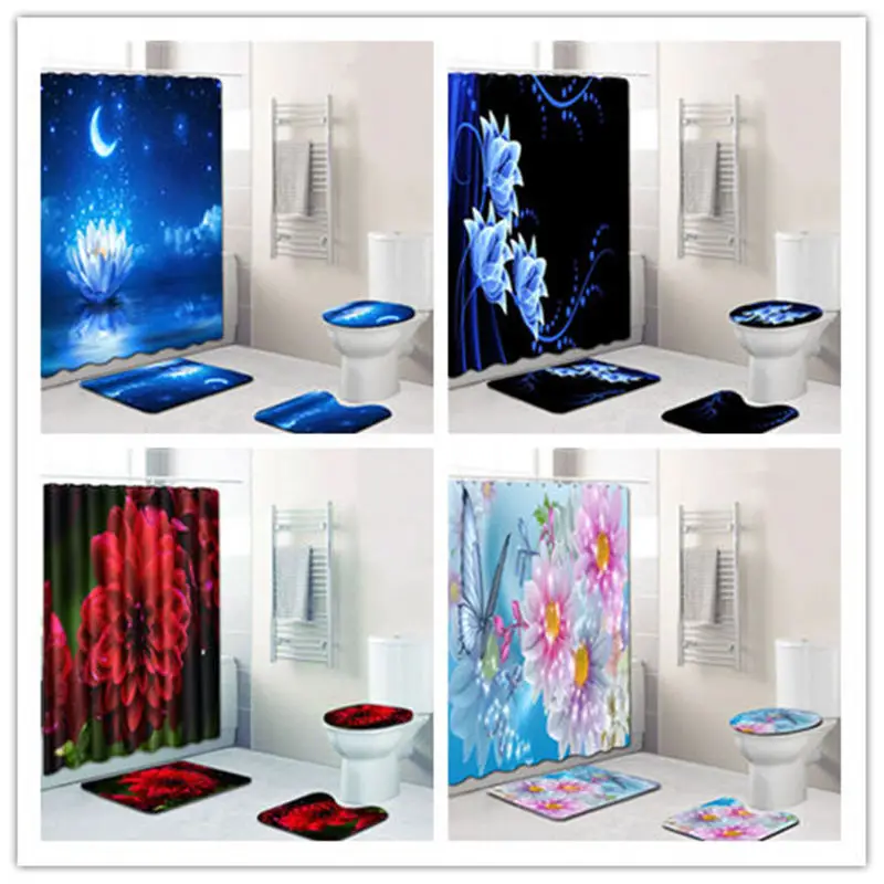 

4 Pcs set / elegant printed waterproof shower curtain pad set non-sliding carpet bathroom bathroom bathtub carpet