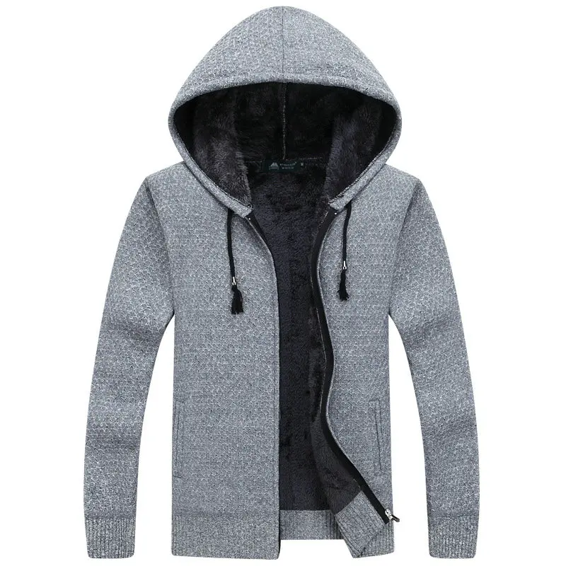 Autumn Winter Thick Warm Knitted Sweater Men Hooded Casual Solid Cardigan Men Fashion Mens Sweatercoat - Цвет: light grey