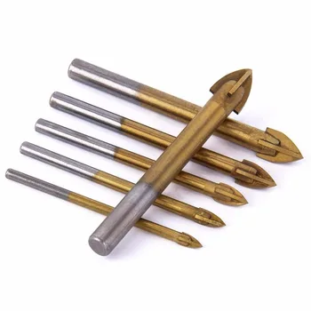

6pcs Titanium Coated Glass Drill Bits Set 4 Cutting Edges Cross Spear Head Drill with Hex Shank