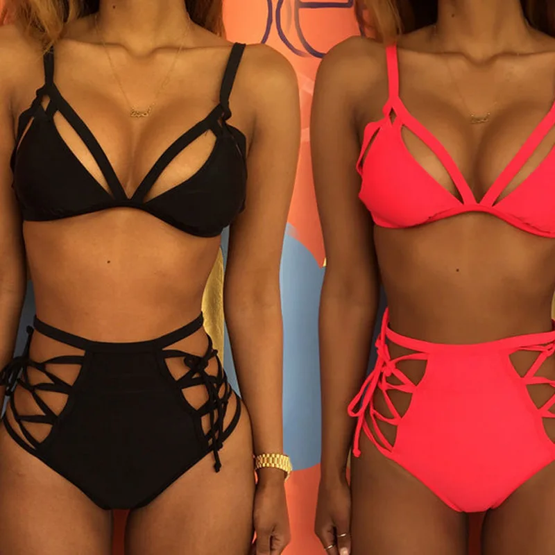 

Women Bikini Set Solid Color Strap Swimsuit Crossed Bandage Beachwear Swimwear Beach Bathing Suit ZJ55