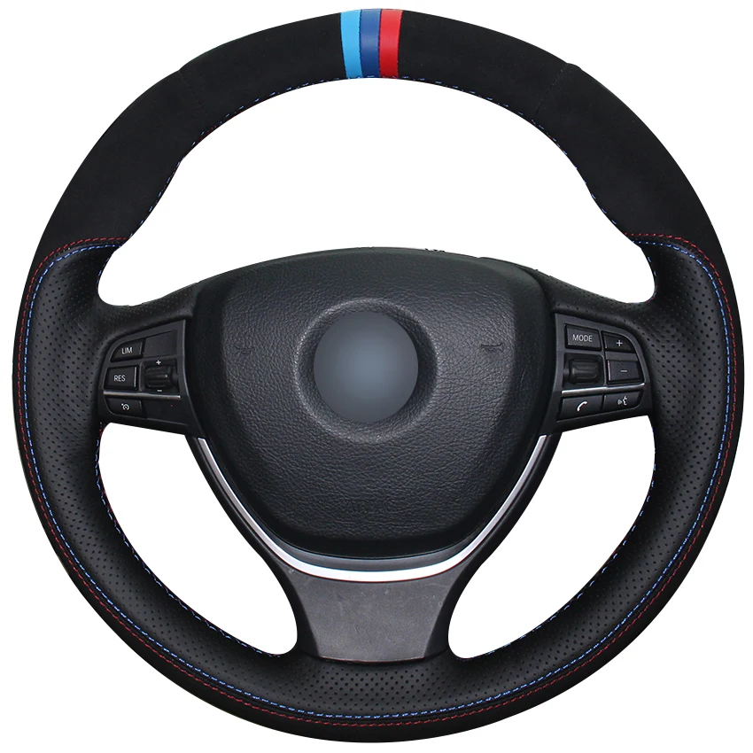 Black Natural Leather Black Suede Car Steering Wheel Cover for BMW F10