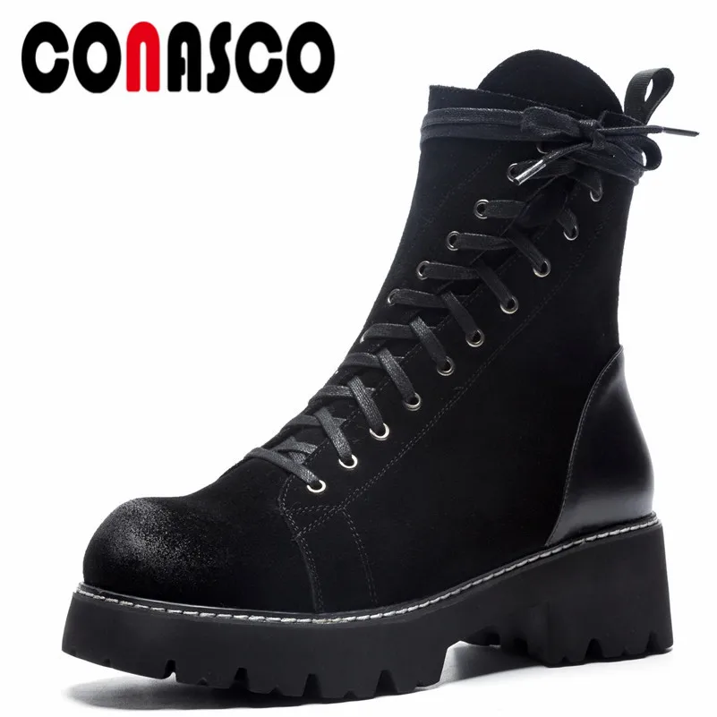 

CONASCO 1New Women Ankle Boots Autumn Winter Warm Cow Suede High Heels Shoes Woman Round Toe Cross-tied Quality Motorcycle Boots