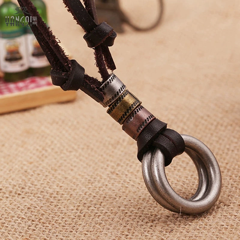 

Vintage Circle Pendant Necklaces Double Brown Genuine Leather Chains Necklaces for Men Alloy Charms Beads Punk Jewelry