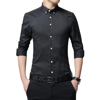 

TFETTERS Brand Fashion Mens Striped Shirt Turn Down Collar Long Sleeve Shirt Men Polyester Fabric Party Shirt for Male
