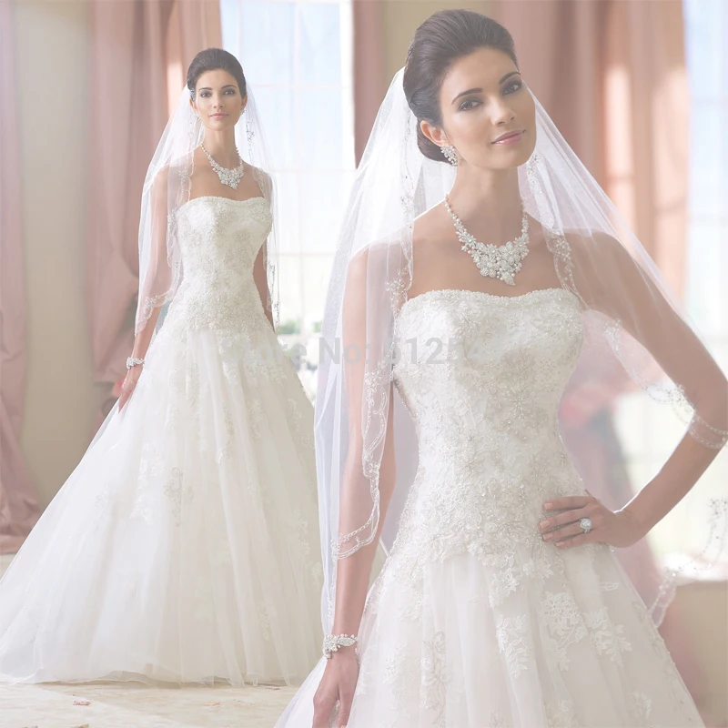 

Elegant Beads Wedding Dresses A Line Strapless Pearls Applique Sweep Train Organza Bridal Gown yk1A321