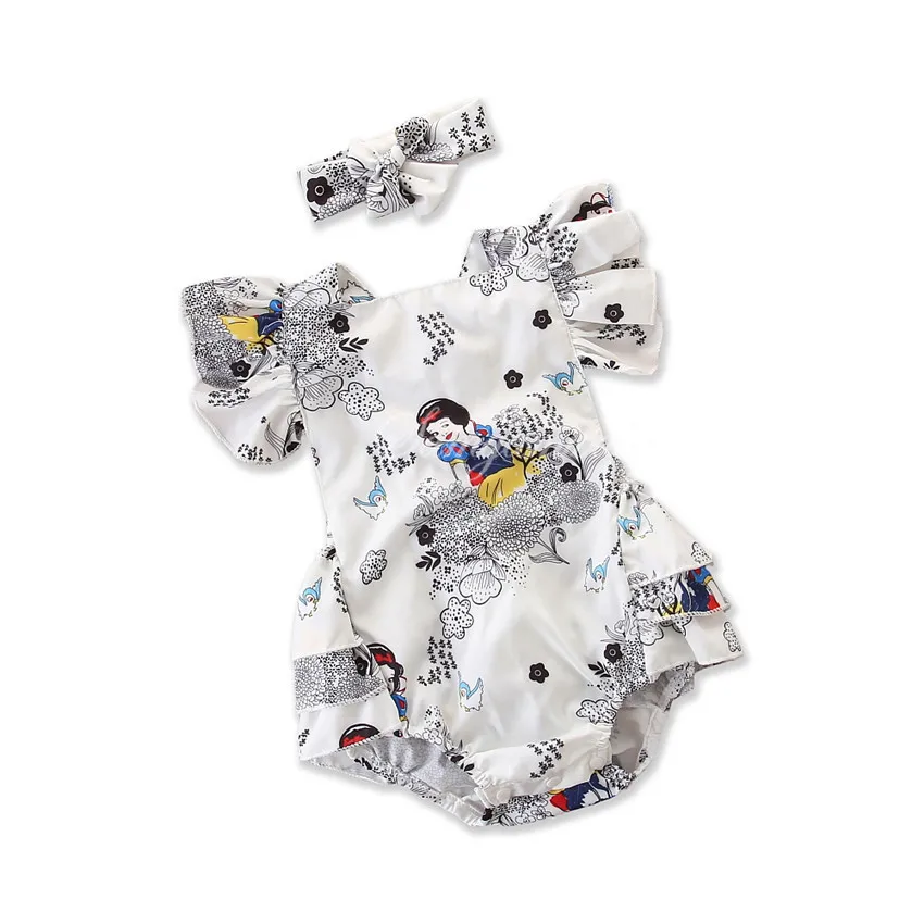 

Snow White Princess Cartoon Print Cute Toddler Girls Summer Dress Clothes Baby Bodysuit and Headband 2019