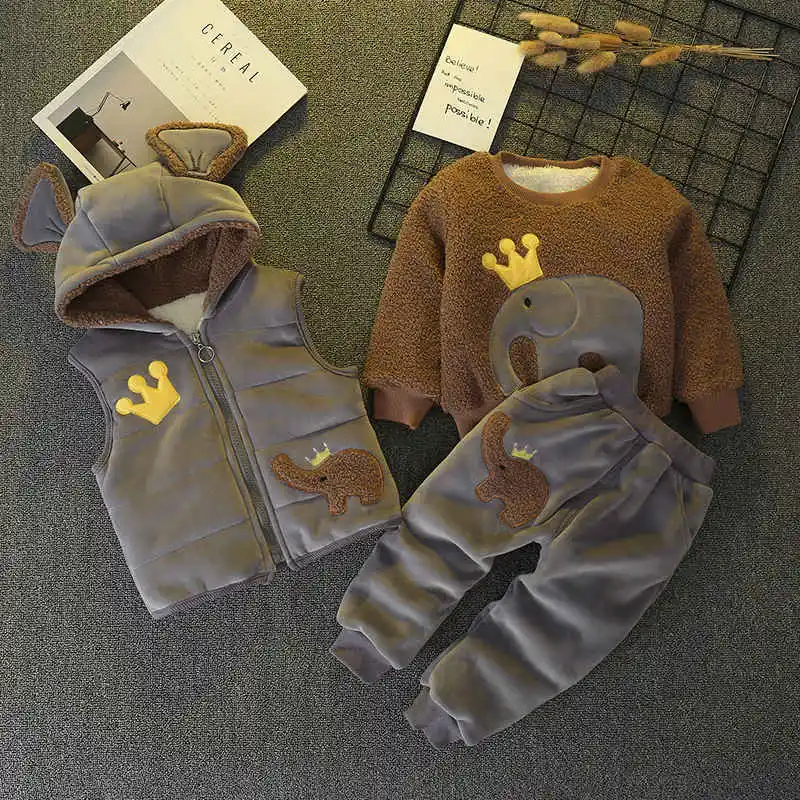 

2018 winter new baby boys and girls cotton clothing set children cartoon 3-pcs kids duck down thicking plus velvet sets