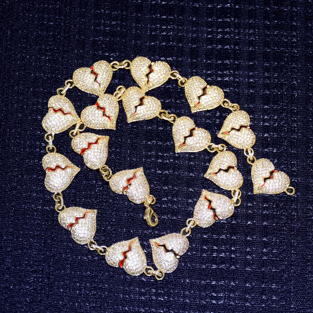 Iced сломанной цепочка-ожерелье «сердце» цвета: золотистый, серебристый цвет Bling кубический циркон для мужчин's женщин хип хоп украшения для подарка