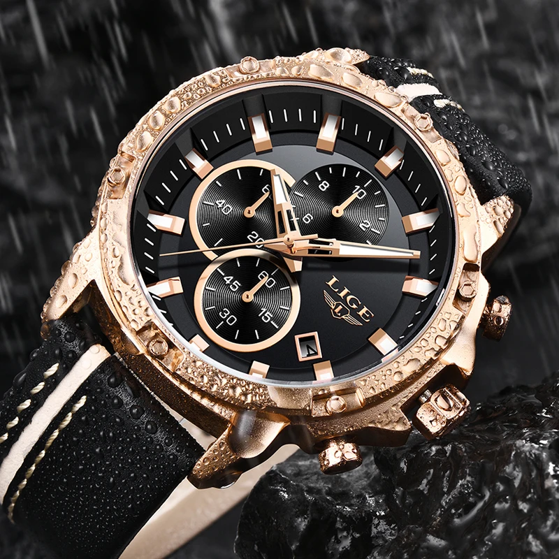 

Mens Watches LIGE Top Brand Luxury Casual Leather Sports Watch Mens Gold Waterproof Large Dial Clock Male Relogio Masculino+Box
