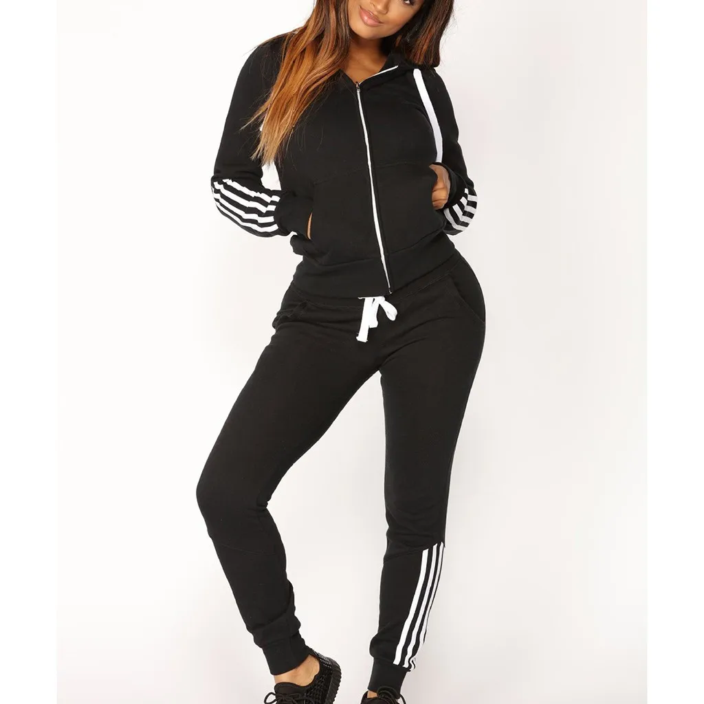 

Feitong 2019 Fashion Women Casual Stripe Zipper Long Sleeve Pullove Sport Tops+Long Pants Set New arrival