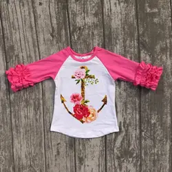 Бутик осенней одежды для маленьких девочек, топы для девочек с изображением якоря и цветочным принтом, футболки для девочек, детская