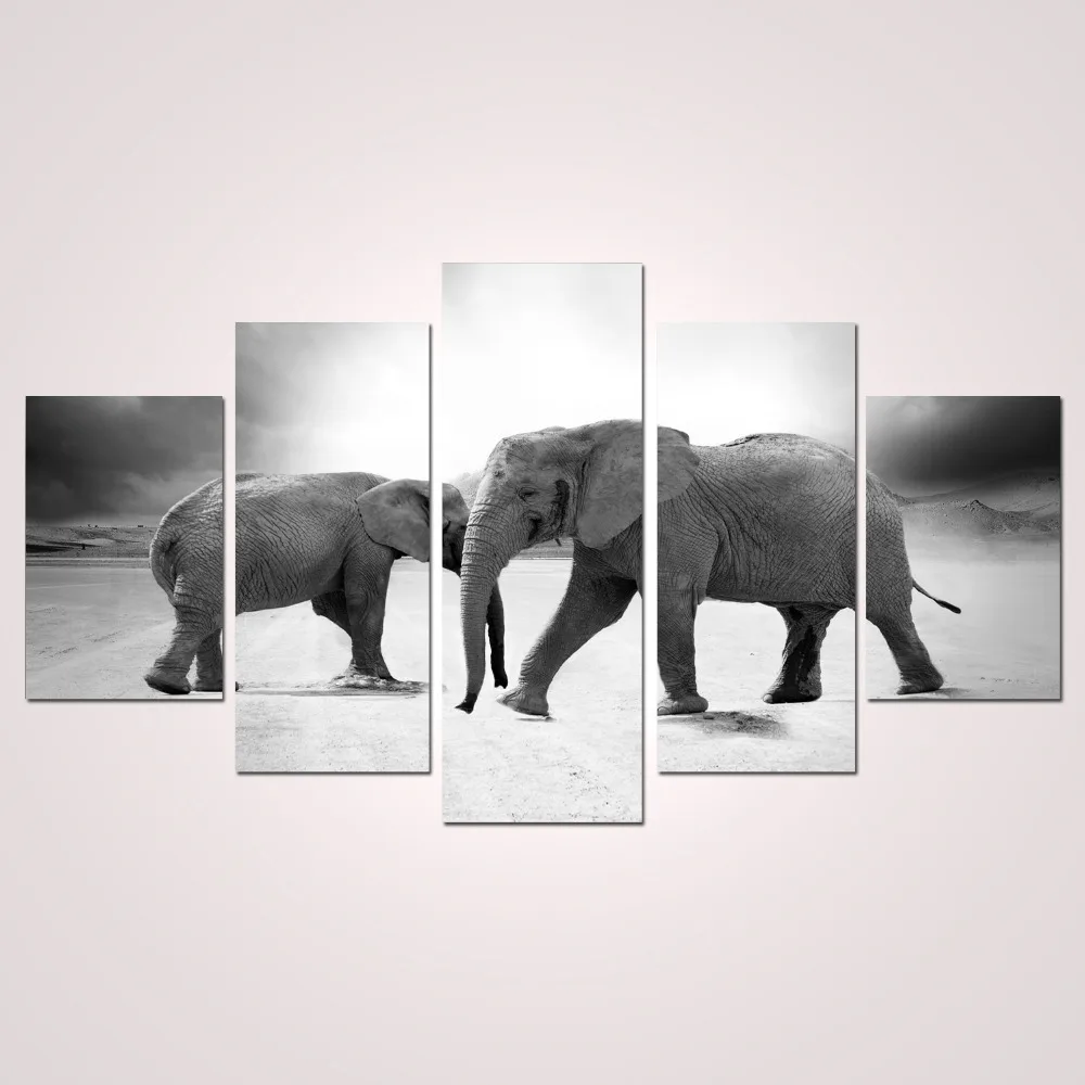 5 Panels Canvas Print Two Elephants Painting for Living Room Wall Art