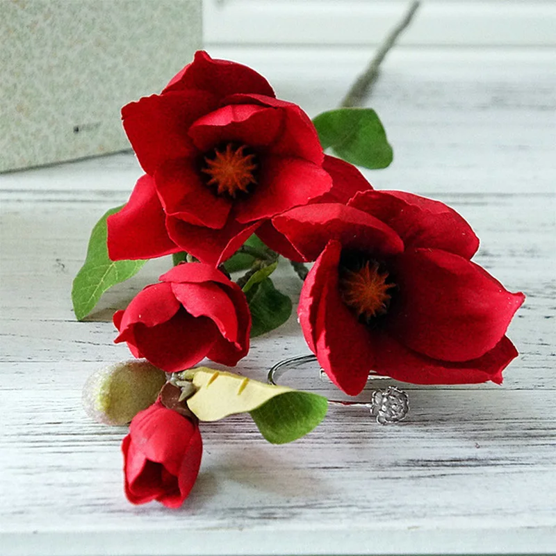 Luxury Long Stem 4 Heads Artificial Magnolia Flower Branch For Home Garden Wedding Decoration Fake Flowers Garden Decor Flores Luxury Long Stem 4 Heads Artificial Magnolia Flower Branch For Home Garden Wedding Decoration Fake Flowers Garden Decor Flores
