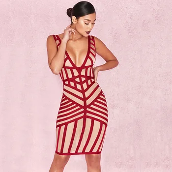 

V-neck striped backless pub bodycon evening party dress celebrity low bosom strap women bandage dresses wholesale
