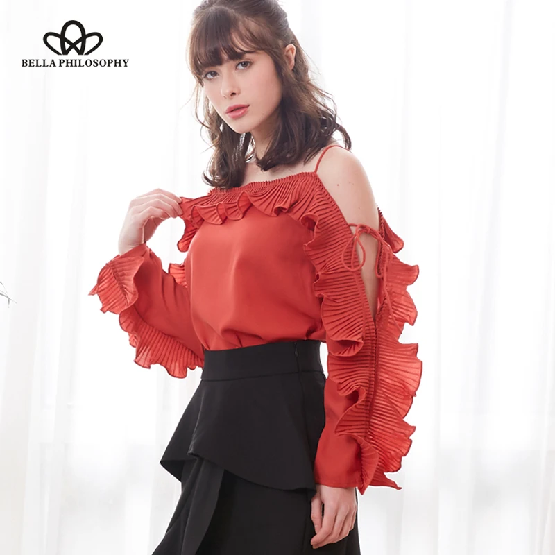 

Bella Philosophy spring women sexy slash neck ruffle blouse blusas fashion ladies full sleeve off shoulder top shirt female