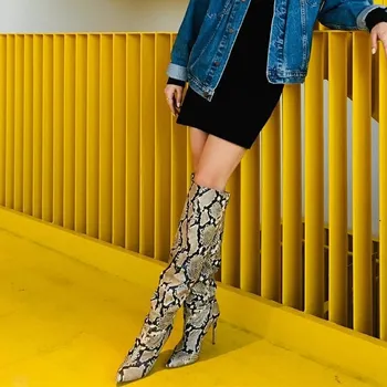

Fashion Snake Python Print Woman Thigh High Heeled Boots Pointed Toe Over The Knee Boots Women Thin High Heels Shoes Woman 2019