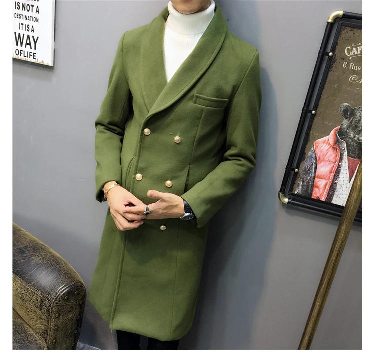 Двубортный мужской Тренч, зеленый, черный, с золотыми пуговицами, зимний, длинный, приталенный, Saco Largo Hombre, шерстяное пальто