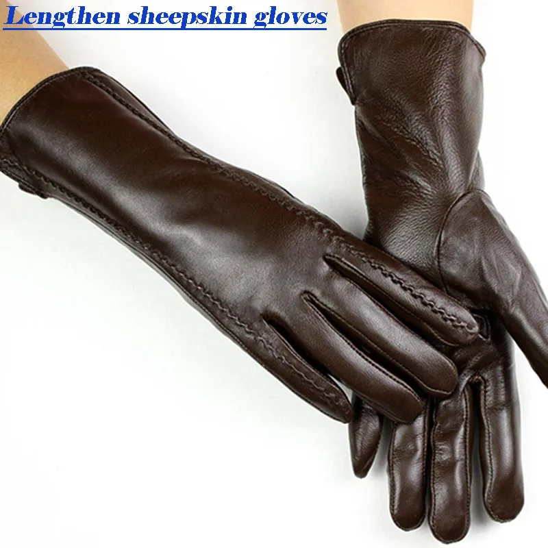 Leather gloves women's sheepskin gloves long stripe style plus velvet warm autumn and winter windproof gloves free shipping