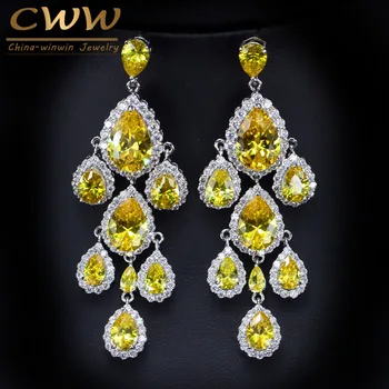 

CWWZircons Gorgeous Bridal Long Chandelier Earrings Jewelry Water Drop Yellow Cubic Zirconia Crystal Wedding Earing CZ093