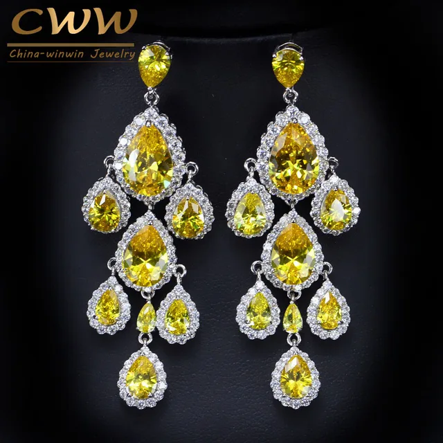 Cwwzircons Gorgeous Bridal Long Chandelier Earrings Jewelry Water Cwwzircons Gorgeous Bridal Long Chandelier Earrings Jewelry Water Drop Yellow Cubic Zirconia Crystal Wedding Earing Cz093