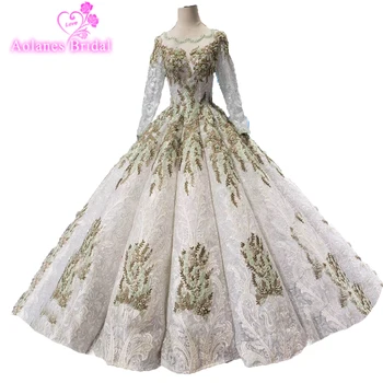 

Aolanes Sheer Ball Gown 2019 Prom Dresses Illusion Gold Lace Heavy Beading Evening Dresses Long Vestidos De Festa Graduate Dress