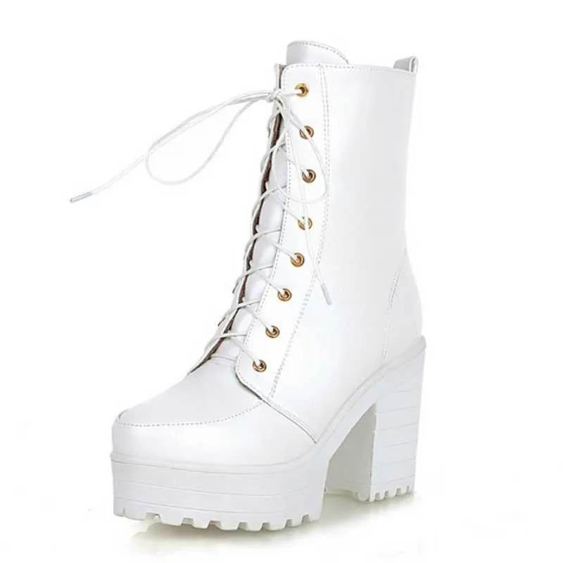 

Fashion Women Motorcycle Boots New 2016 Sexy Square High Heels Lace Up Spring Autumn Shoes Round Toe Platform Half Knee Boots