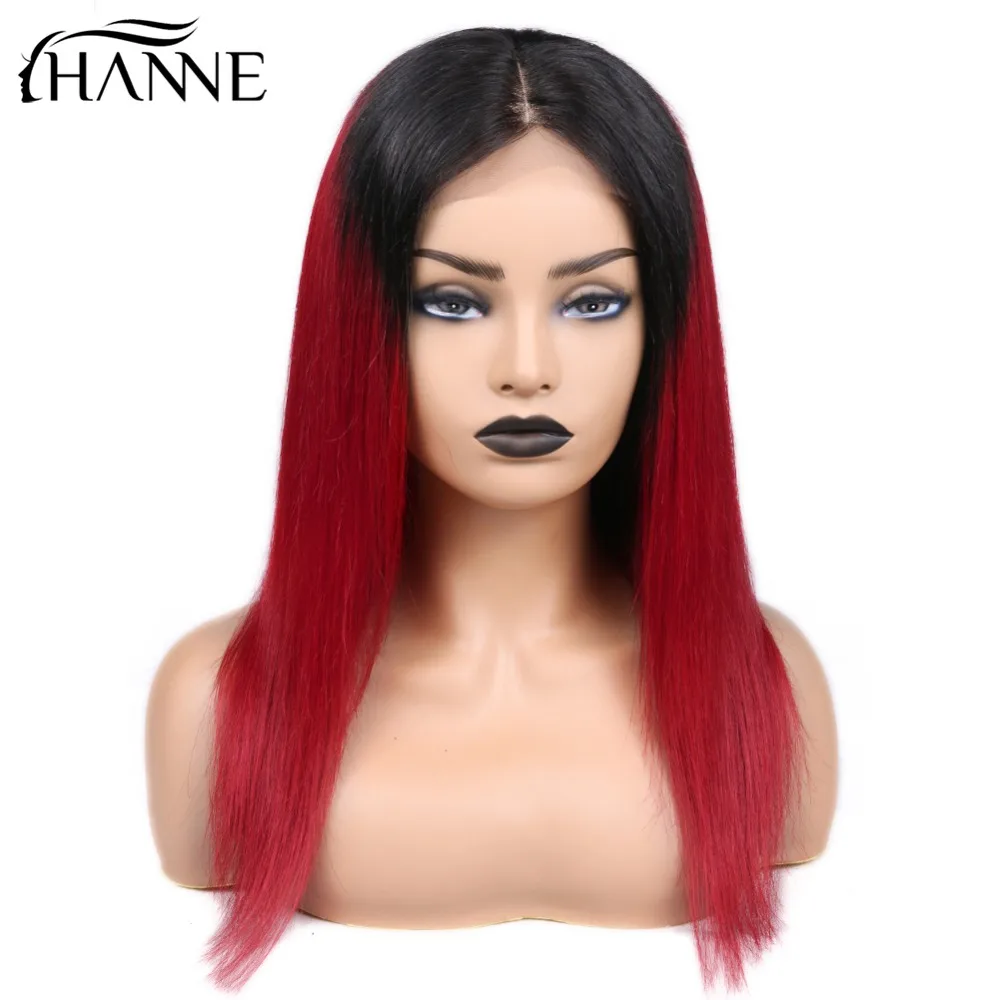 Ханне два тона # 1B/красный натуральные волосы парики прямо бразильского Волосы remy 4*4 Синтетические волосы на кружеве парики цвет красного