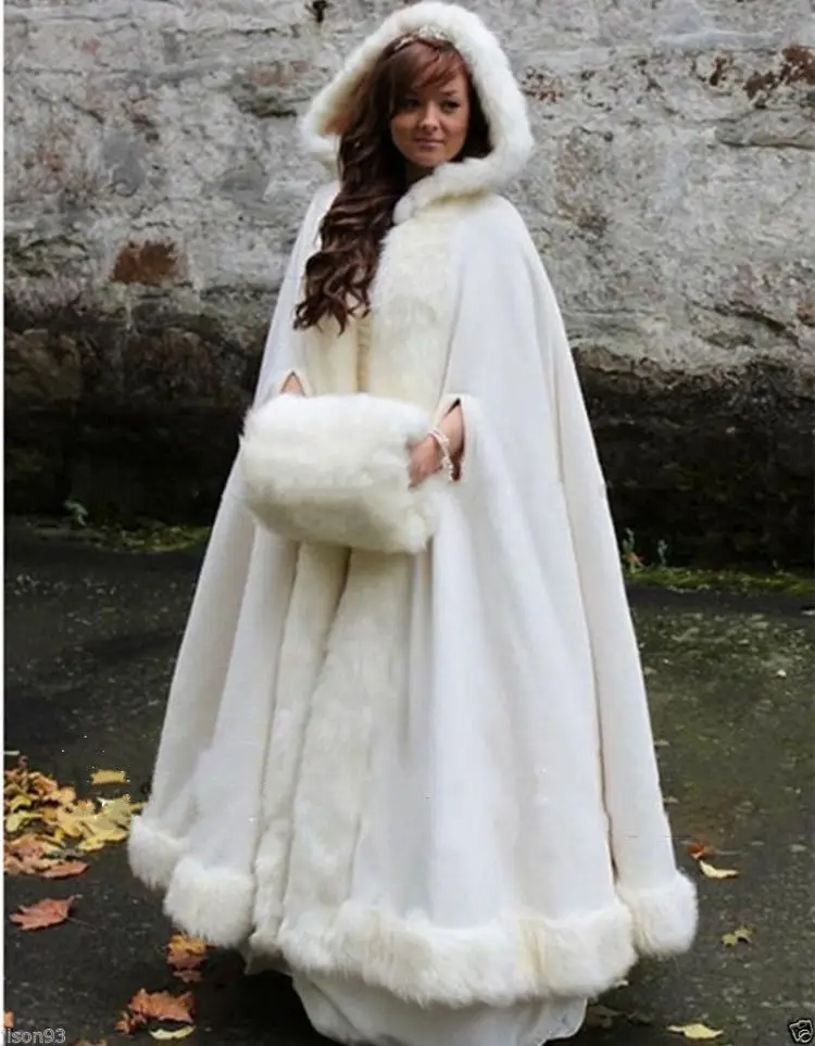 White / Ivory Bridal Cape Wedding Cloaks Hooded with Faux Fur Trim Warm Adult Winter For Winter Bridal Wraps / Capes Poncho