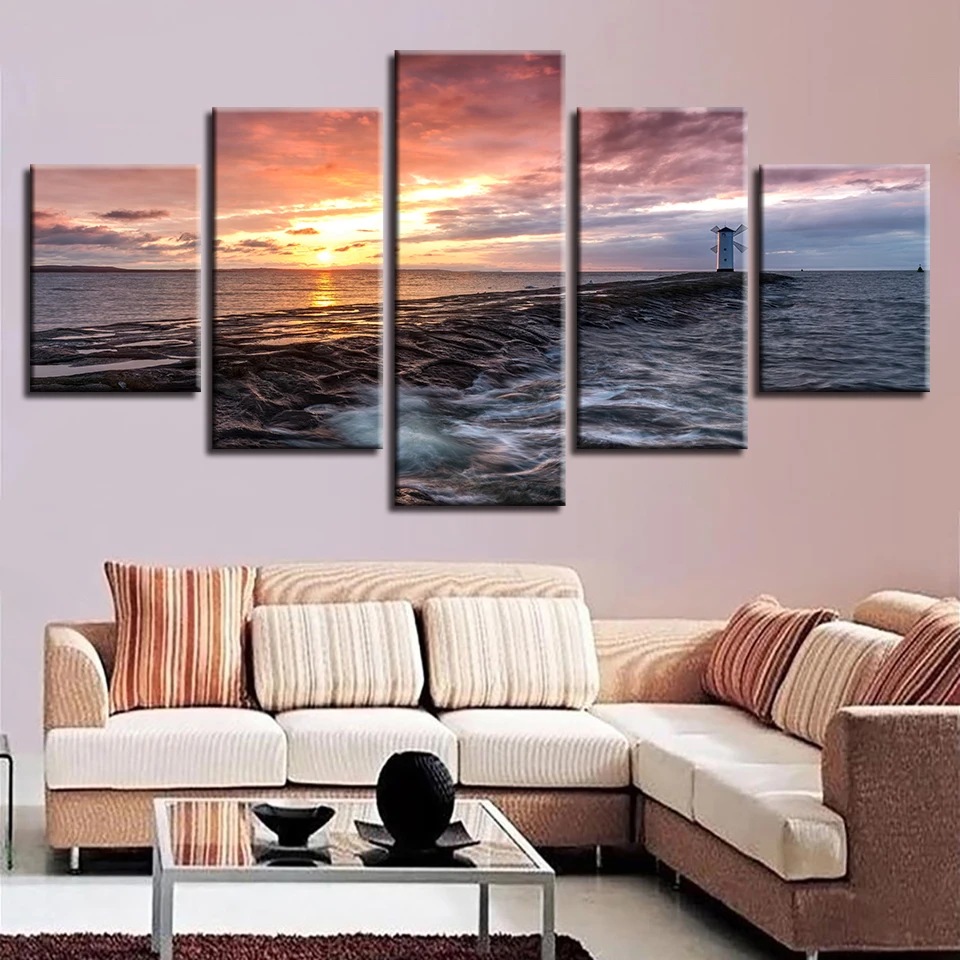 

Room Wall Decor Paintings Framework HD Printing 5 Pieces Windmill Lighthouse Sunset Landscape Poster Modular Canvas Pictures Art