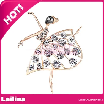 

100pcs/lot Dancing Girl Jewelry Gold-Tone Clear Crystal Ballet Girl Brooch Pin