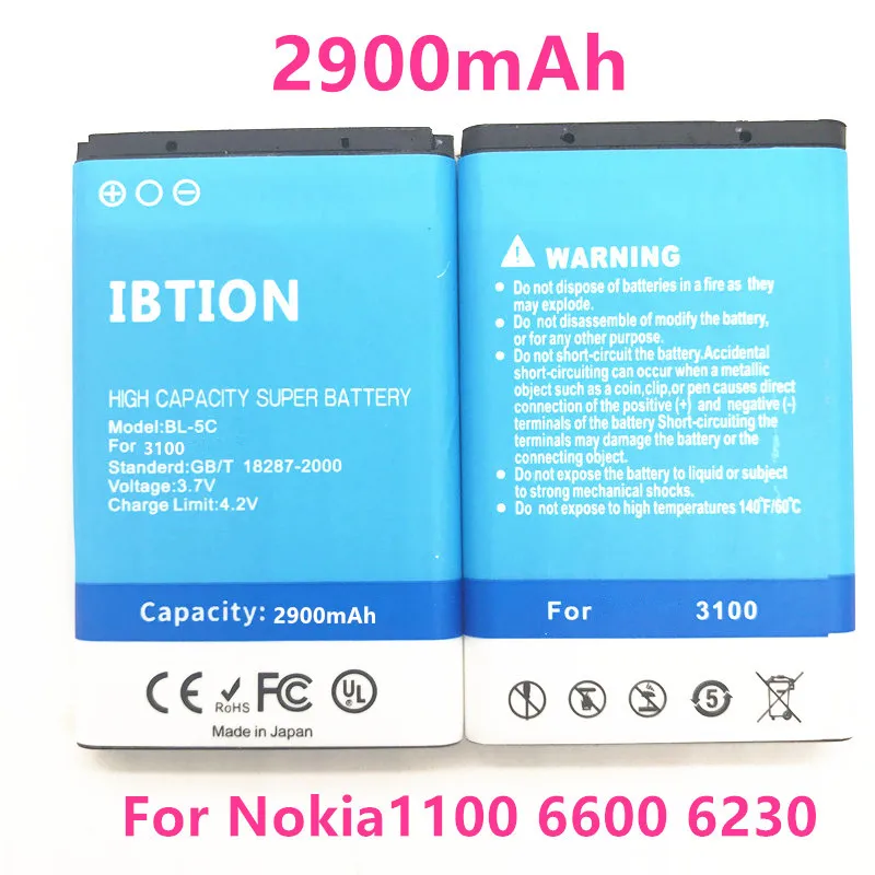 

IBTION 2900mAh BL-5C Battery for Nokia1100 6600 6230 C2-06 X2-01 6230i 1108 1112 1116 1200 1208 1209 N70 N71