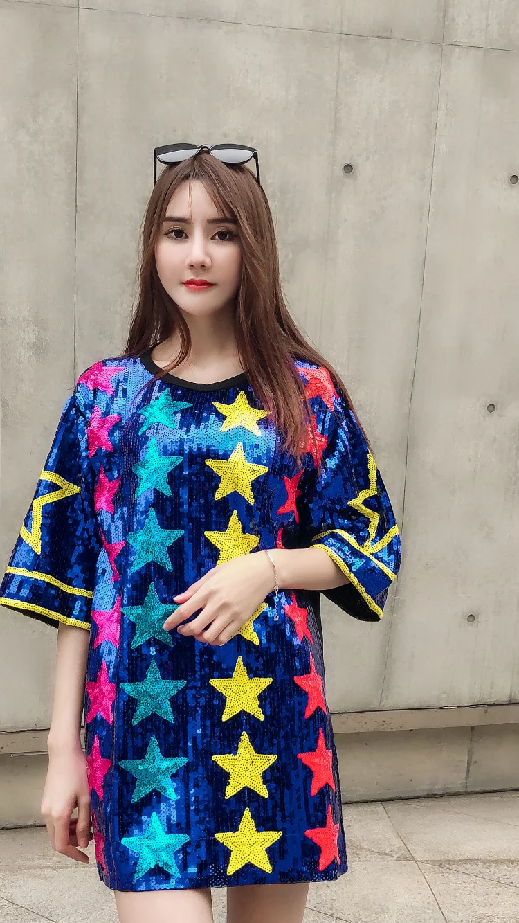

2019 Trendy Stars Sequins T-Shirt Women Bling Bling Long Tees Club Wear Blink Blink Short Sleeve Pullovers