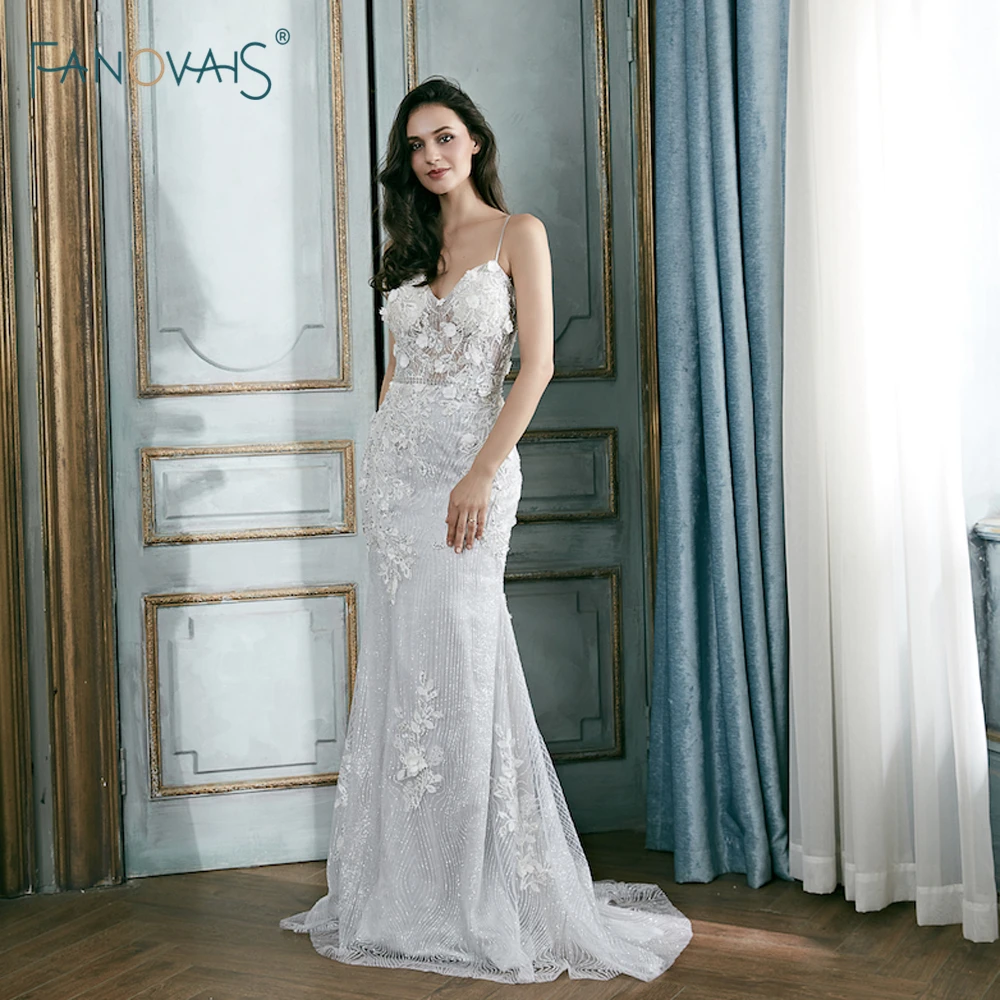 

Sexy 2018 Silver Mermaid Evening Dresses Long Sweetheart Straps Lace Prom Dresses Beaded Evening Gown Robe de Soiree EN3